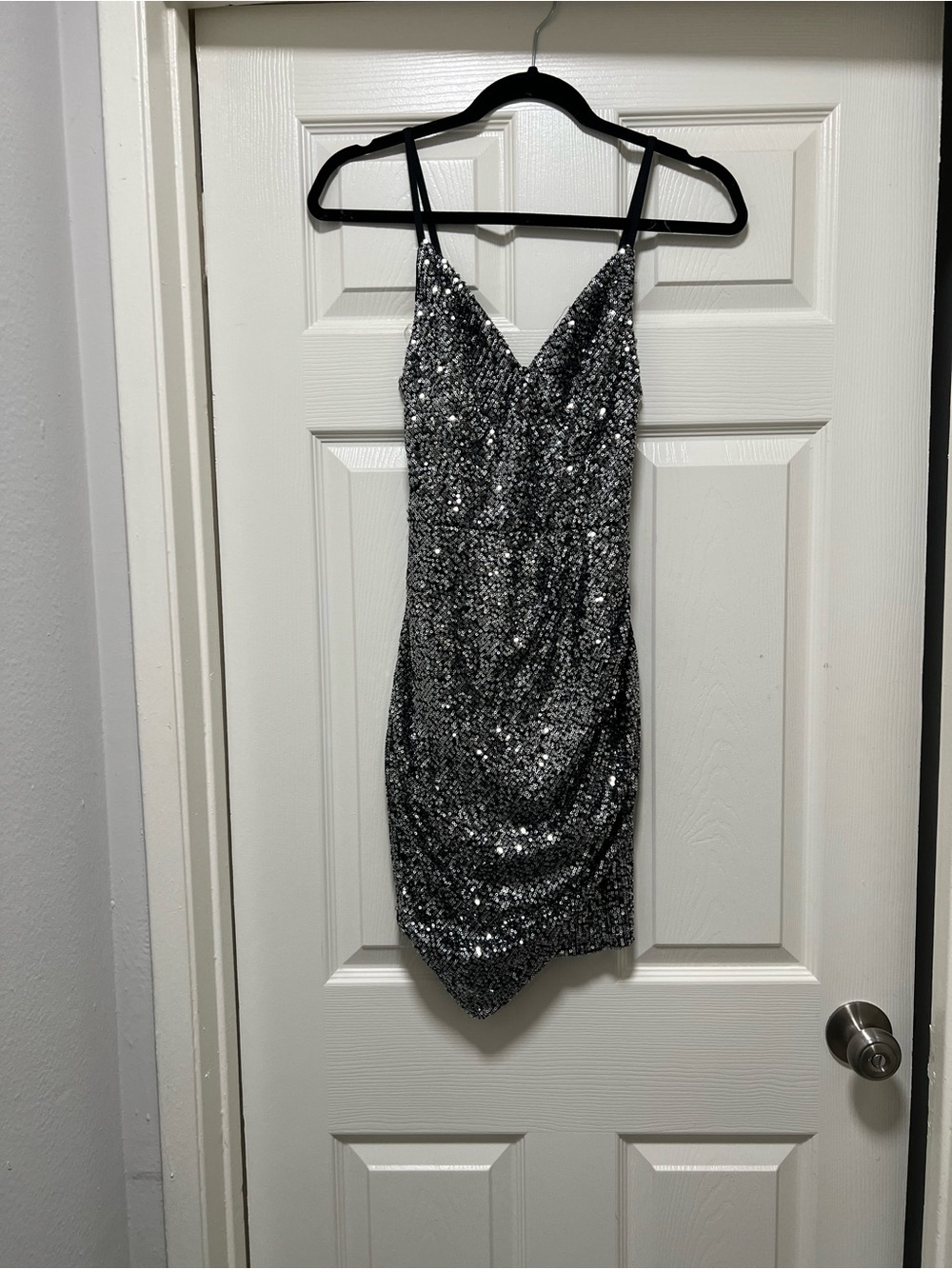 Silver Sequin Spaghetti-Strap Mini Dress